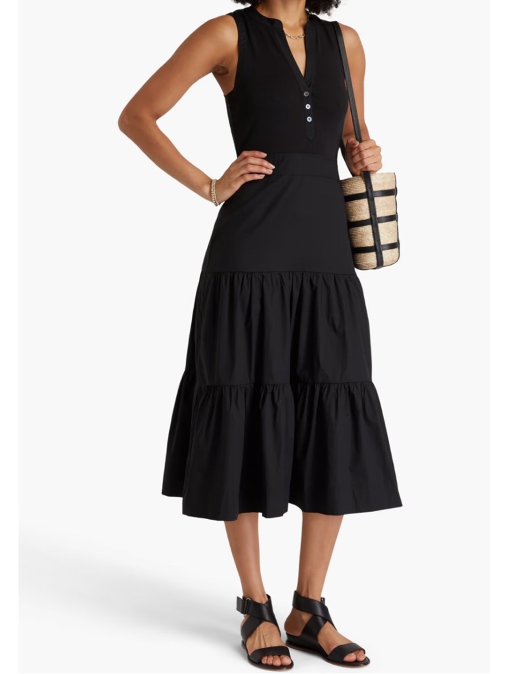 VERONICA BEARD Tiered Cotton Black Midi Dress